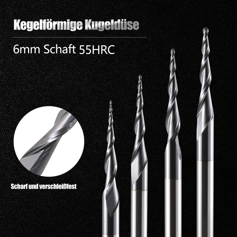 Ball End Mill, Conical CNC Milling Cutter, Set of 2, R1.0 Spiral Groove Cutter Bit, 6 mm Shank, 2 Flutes End Mill, HRC55, 1.0 mm Radius CNC Carving Bits with AlTiN Coating for 2D/3D Engraving