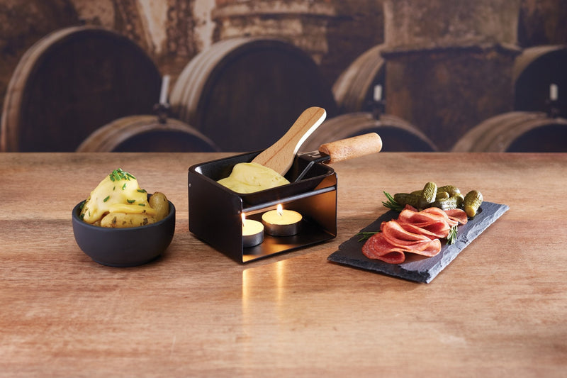 Artesà Mini Raclette Grill Cheese Individual Set for 2, Small Iron Cheese Fondue Melter, Metal Rack with Non Stick Pan, Wooden Spatula and 2 Candles Mini Raclette Grill Set