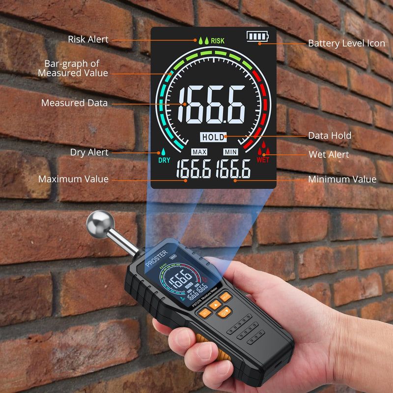 [Australia - AusPower] - Proster Moisture Meter - with Color LCD Alarm Function Hold Function Moisture Meter for wall,wood,masonry,concrete,plaster,building materials 5-40mm Analysis depth Spherical 