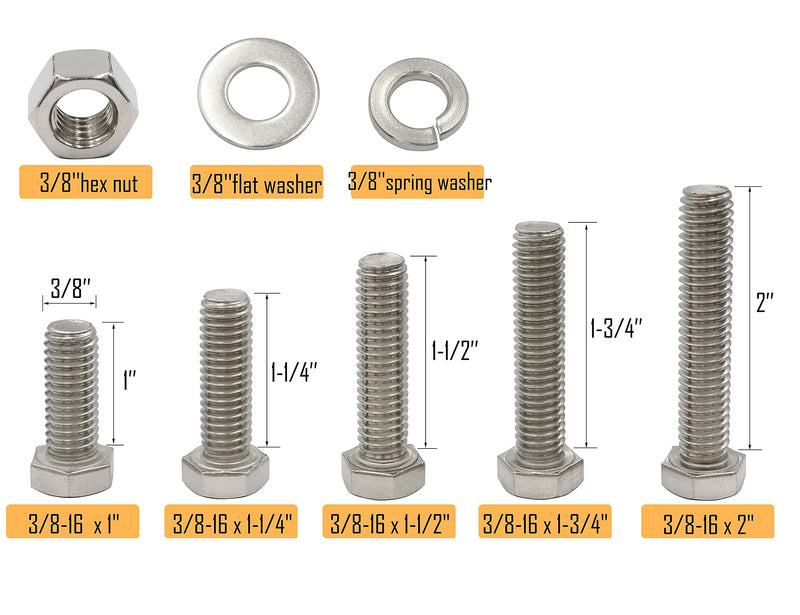 [Australia - AusPower] - LBY 60pcs Hex Bolts Nuts Flat Spring Washers Assortment Kit, 3/8-16 × (1" ~ 2") Hex Bolts, 5 Sizes (with Nuts and washers), 304 Stainless Steel (Silver) 