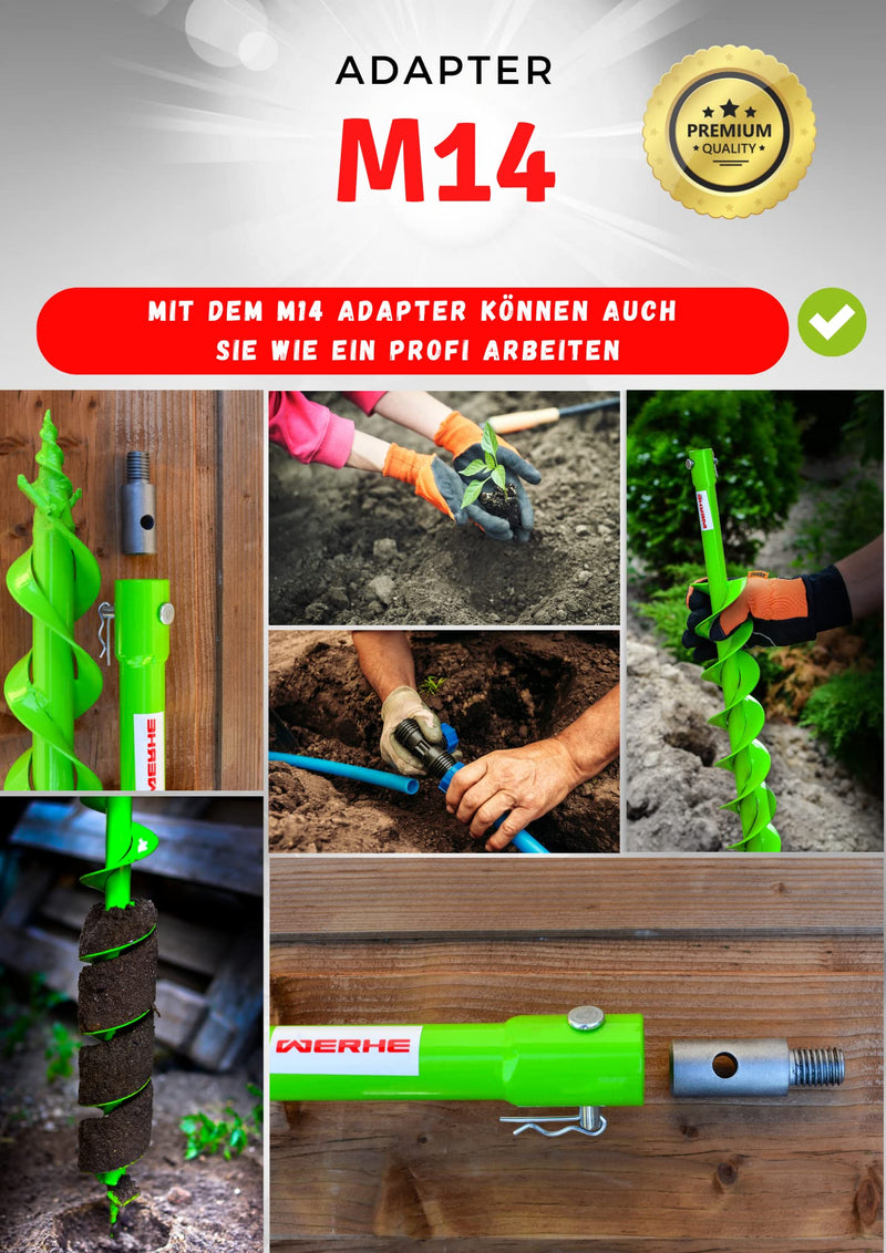 WERHE Adapter M14 for Earth Auger, Hardened Steel, with Quick Release Bolts | Compatible with agitator and concrete stirrer, ideal for fence posts and tree planting, cable and pipe laying, length 6 cm