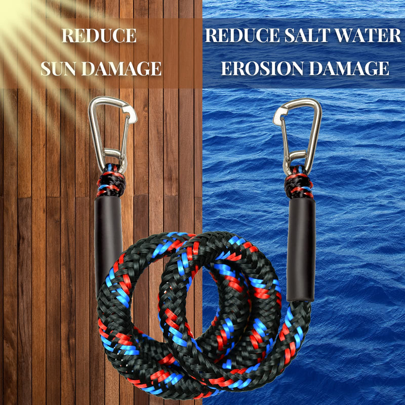Bungee Dock Line Ropes for Mooring With 2 Stainless Steel Clip Accessories - Built-in Snubber for PWC, Kayak, Watercraft, SeaDoo, Jet Ski, Pontoon, Canoe, Power Boat - 2-Pack Blue+red+black