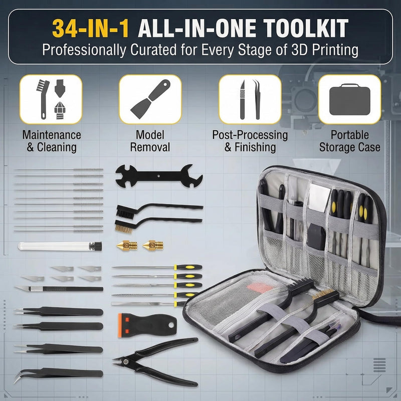 [Australia - AusPower] - 34 in 1 3D Printer Tools Kit Essential Accessories for All FDM & SLA 3D Printers Nozzle Cleaning & Filament Removal Scrapers 5 Types of Files, Brushes, Wire Cutter, Engraving Knife P01 