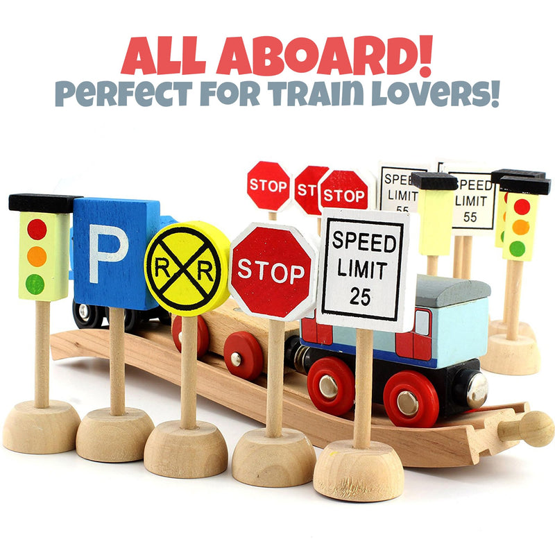 Attatoy Kids Wooden Street Signs Playset (14-Piece Set), Wood Traffic Signs Perfect for Car & Train Set 14 Piece Set