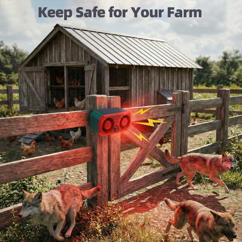 Solar-Outdoor Motion Sensor Alarm: Coyote Deterrent 130dB Dual Speakers Sound, Motion Light & Remote|Animal Deterrent for Yard/Farm/Chicken Coop N911T