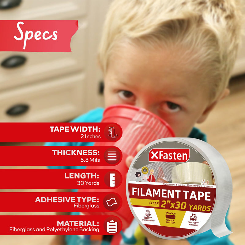 XFasten Filament Duct Tape, Transparent, 2 Inches x 30 Yards, Extreme Fiberglass Reinforced Cross Strapping Tape 1 Pack (Single Roll)