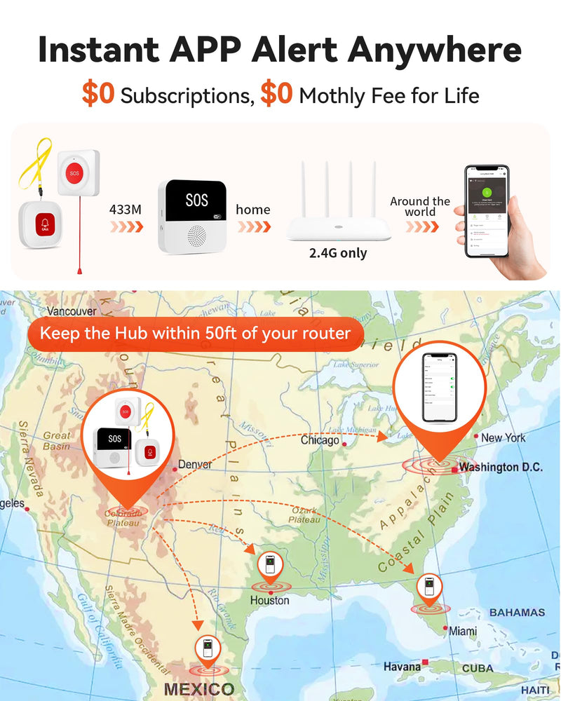 PILSAMAS WiFi Caregiver Wireless Call Button System - 2 Lanyard + 1 Pull Cord Emergency Button, No Monthly Fee APP Alert, Custom Names/Tones, Elderly Safety for Mobile, Bathroom & Bedside Care P5- 2 LANYARDS+1 PULL BUTTON + 1 HUB