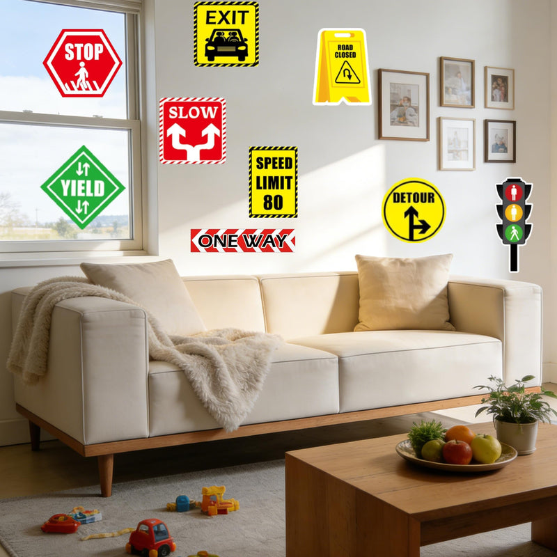 18 Pack Road Signs Wall Decal Traffic Street Sign Sticker - Stop Street Transportation Construction Car Wall Decals Road Sign Stickers for Back to School Decor Kid Bedroom Classroom Bulletin Board