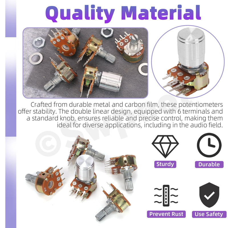 Swpeet 32pcs 8 Type B1K 5K 10K 50K 100K 250K 500K 1M Ohm 6 Pins Split Shaft Rotary Linear Dual Cone Audio B Type Potentiometer with 3 Types Aluminum Alloy Knob (WH148) and Washers