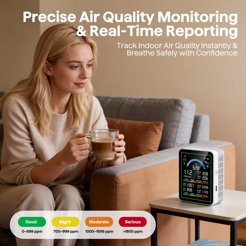 Air Quality Monitor Indoor, 10 in 1 Portable Smartair Quality Tester for CO2 | CO | TVOC | HCHO | Temp | AQI | PM0.3-1 Detection Hum for Home Cars Plants, Pets, Car, Hotel White