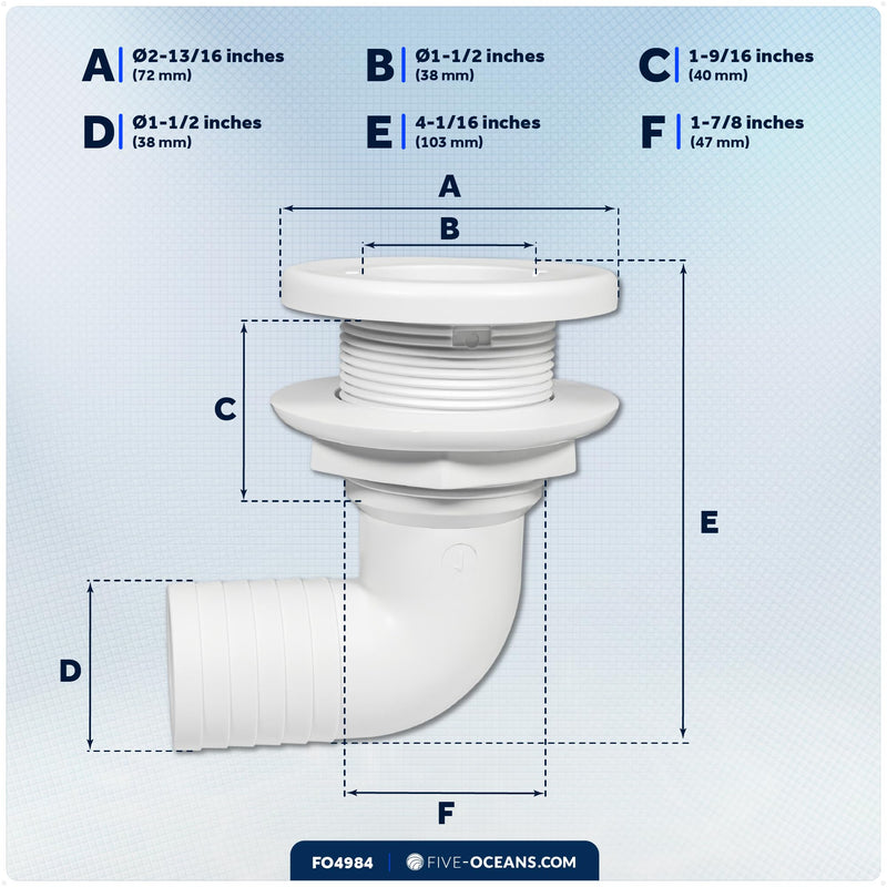 Five Oceans 1-1/2" Angled Thru-Hull Fitting - White ABS Plastic, 90-Degree Marine Boat Drain, Durable & Easy to Install for Boat, Pontoon, and Yachts - FO4984 90° (Angled) – 1-1/2" Hose