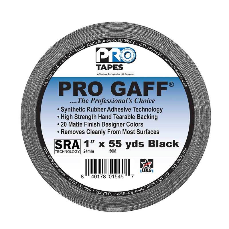 1" Width ProTapes Pro Gaff Premium Matte Cloth Gaffer's Tape With Rubber Adhesive, 11 mils Thick, 55 yds Length, Black (Pack of 1) 1" (Pack of 1)