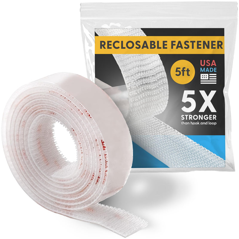 Industrial Strength 1" x 5ft Clear Scotch Self Mating Reclosable Fasteners, Stick-On Adhesive, No Tools Needed, Home Decor, Classroom, Office, Cars, Indoor-Outdoor Waterproof Compatible with SJ3560 5 FT