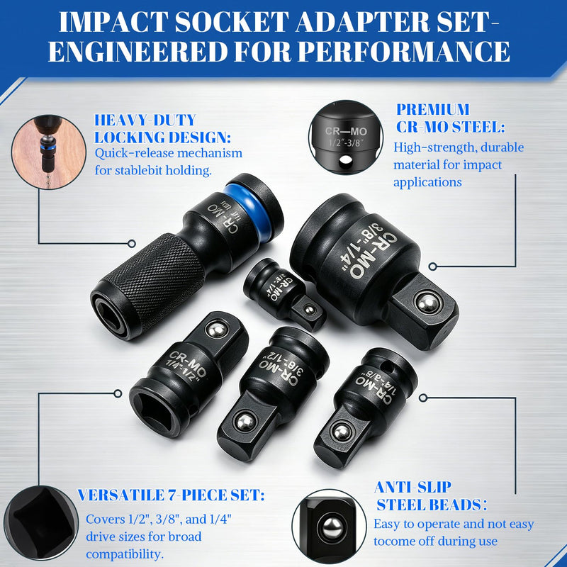 Ratchet Adapter Set Made of Chrome Vanadium Steel | Nut Adapter for Repairs Impact Wrench Accessories with 1/2 3/8 1/4 Connection and Safety Ball