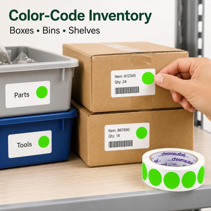 ChromaLabel 1 Inch Round Fluorescent Green Dot Stickers, Writable Matte Paper Color Coding Labels for Inventory, Office, Classroom, Warehouse - 1000 per Roll 1"