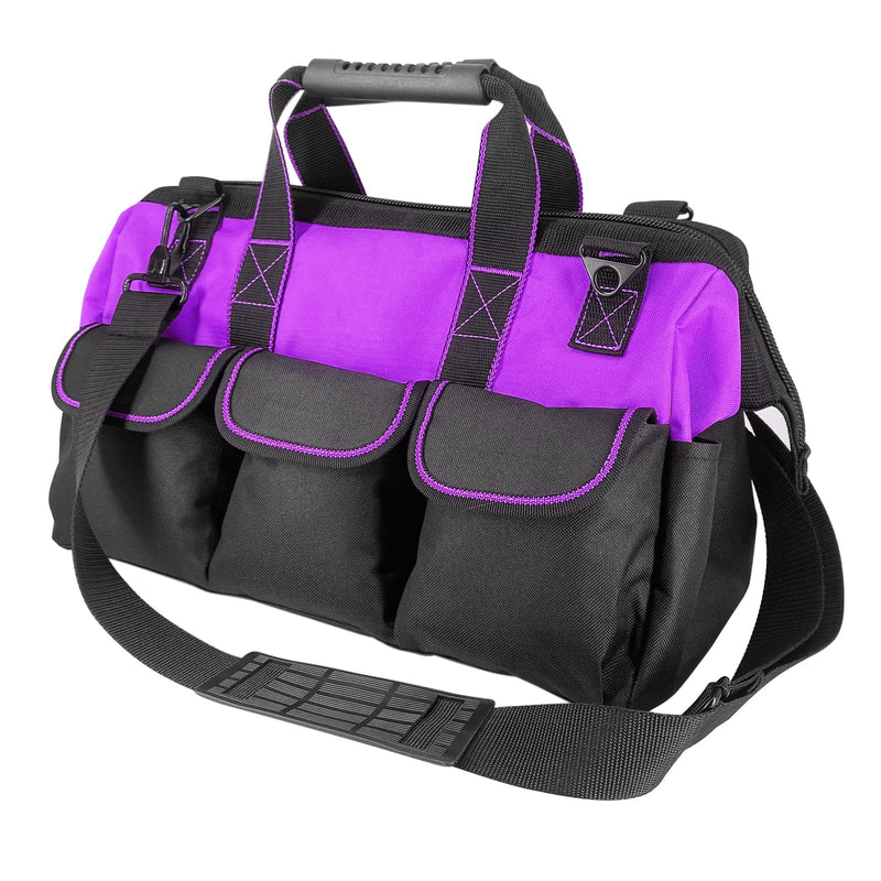 Garden Tools Bag 16 inch Wide Mouth Tool Bag with Molded Base Tool Tote for Women, Heavy Duty,600D polyester fabric (Purple color) Purple color