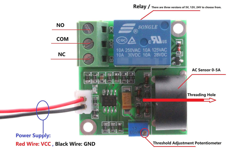 [Australia - AusPower] - NOYITO 0-5A AC Current Detection Sensor Module Switch Output (DC 12V, Green) DC 12V 