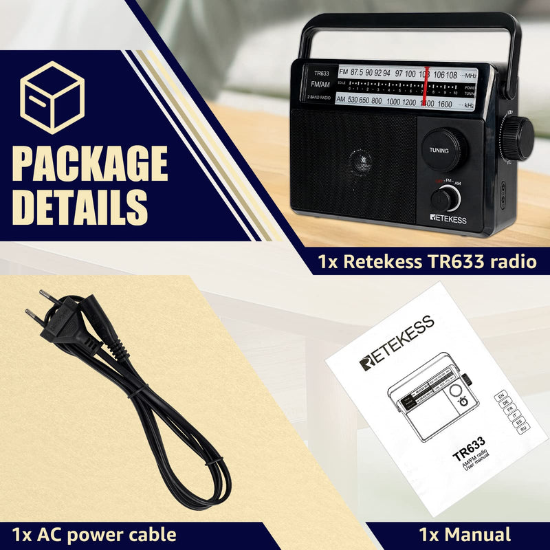 [Australia - AusPower] - Retekess TR633 AM FM Radios with Best Reception, Portable Radio Plug in Wall, External Antenna Jack, Battery Operated Radio by 4 AA Batteries Or AC Power for Senior, Home 