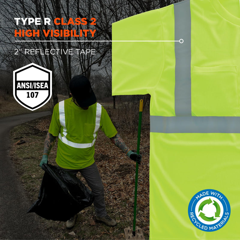 Ergodyne GloWear 8289-ECO Recycled Safety Shirt, Class 2 Type R Hi Vis Reflective Safety Shirt, ECO-Friendly Lime Large