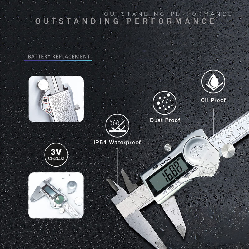 Digital Caliper Micrometer Measuring Tool, 6 Inch /150mm | Stainless Steel, Electronic Vernier Calipers, IP54 Waterproof, Accuracy Gauge Switch, Inch Metric Fraction,with LCD Screen