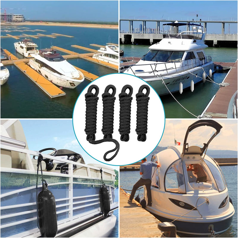 Boat Fender Lines 4 Pack 3/8" x 6FT- Boat Bumper Line Double Braided Nylon Fender Rope with 5" Eyelet Mooring Marine Rope for Boats Line & One End Can Be Spliced with Fenders to Used, Black 4PK-Black