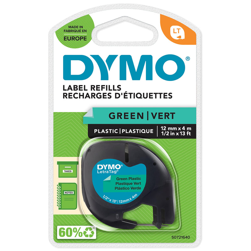 DYMO Authentic LT Plastic Labels | 12 mm x 4 m Roll | Black Print on Green Labels | for LetraTag Label Makers Black on Green