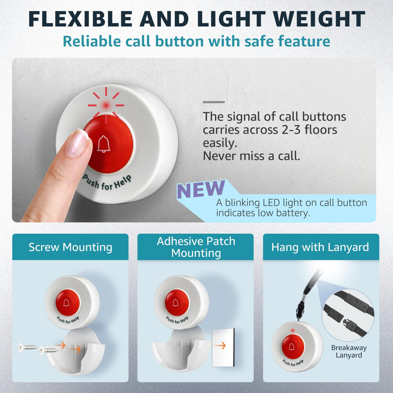 Caregiver Pager Wireless Call Buttons for Elderly at Home for Seniors Adults Patients Nurse Call Light System Alert Button Alarm Emergency with Review Feature 4 Call Buttons + 1 Receiver