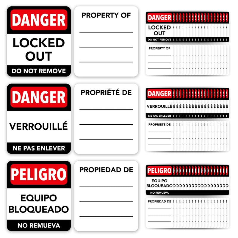 TRADESAFE Lockout Tagout Locks Label, Lock Out Tag Out Padlock Labels in English, Spanish, French, Danger Locked Out, Do Not Remove Loto Locks Stickers English, Spanish, French | 60-Pack