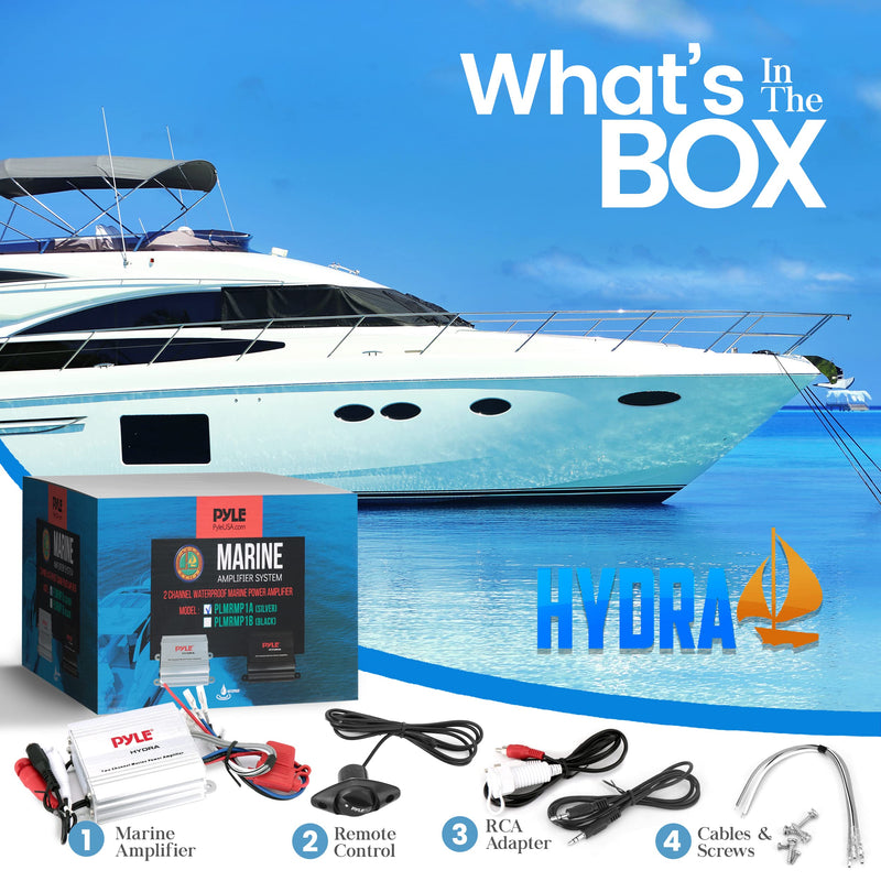 Pyle Hydra Marine Amplifier - Upgraded Elite Series 400 Watt 2 Channel Micro Amplifier - Waterproof, GAIN Level Controls, RCA Stereo Input, 3.5mm Jack & Volume Control (PLMRMP1A) White