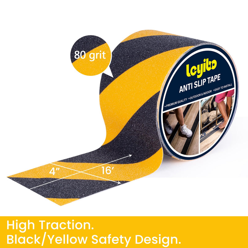 Anti Slip Tape, 4 Inch x 16 Ft Grip Tape for Stairs Outdoor/Indoor, Waterproof Non Skid Roll for Stair Treads Non Slip, High Traction Friction Abrasive Adhesive Stair Step, Caution Yellow/Black 4" x 16'