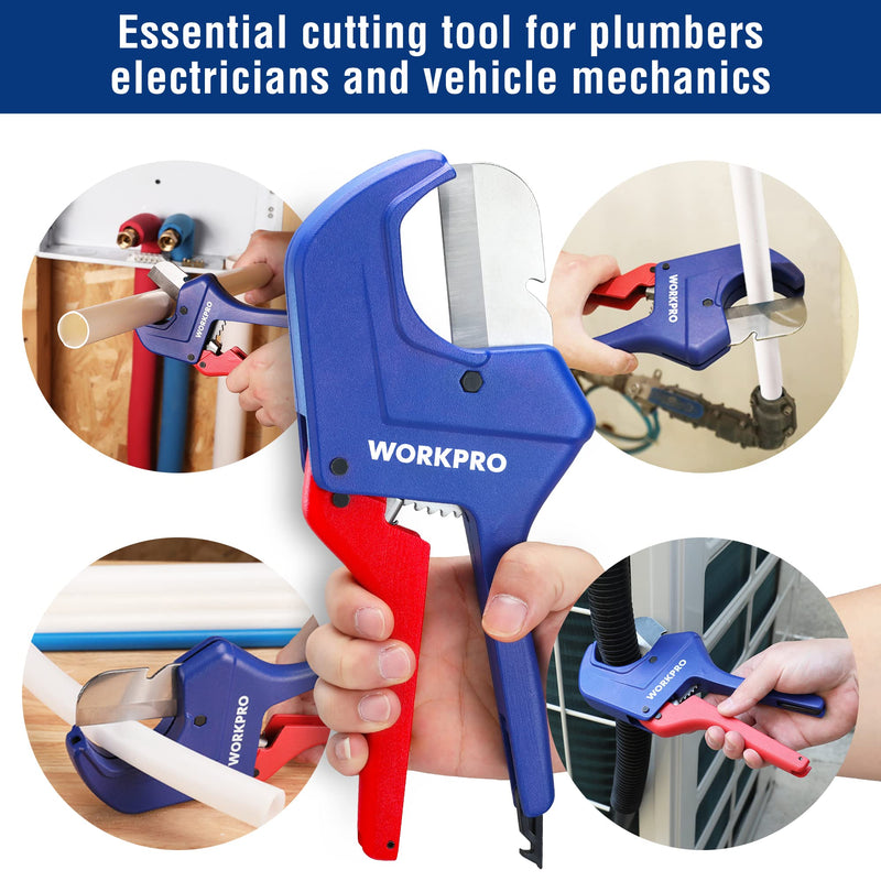 WORKPRO Ratchet PVC Pipe Cutter Tool, Up to 2-1/2", Pex Cutting Tool for Cutting PEX, PVC, PPR, and Plastic Hoses with Sharp 5Cr15MoV Stainless Steel Blades, Suitable for Home Repairs and Plumbers 2-1/2"(63mm)