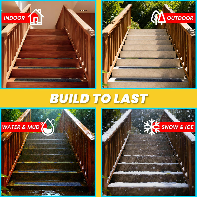 LifeGrip Anti Slip Traction Treads with Reflective Stripe (10-Pack), 6" X 28", Best Grip Tape Grit Non Slip, Outdoor Non Skid Tape, High Traction Friction Abrasive Adhesive for Stairs Step, Black 6" x 28" 10
