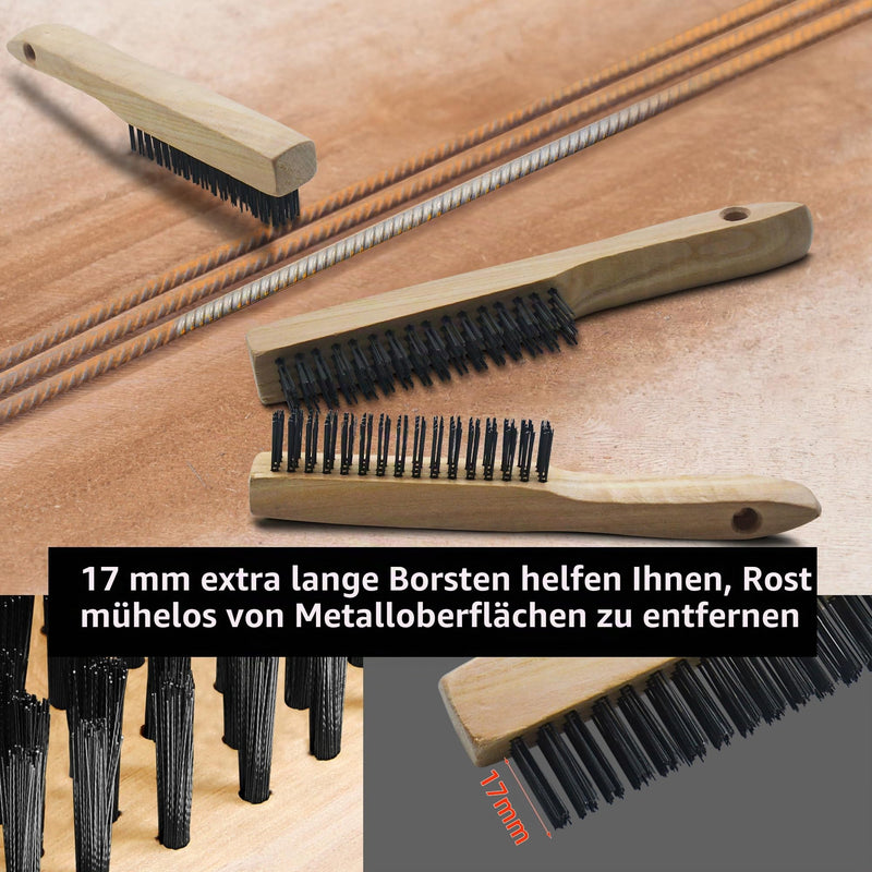 5-Piece Hand Wire Brush Set, Wire Brushes with Wooden Handle, 3 x Large Steel Brush 250 mm, 2 x Small Stainless Steel Brush 205 mm, Metal Brush Hand Wire Brush Set for Metal, Wood, Grill