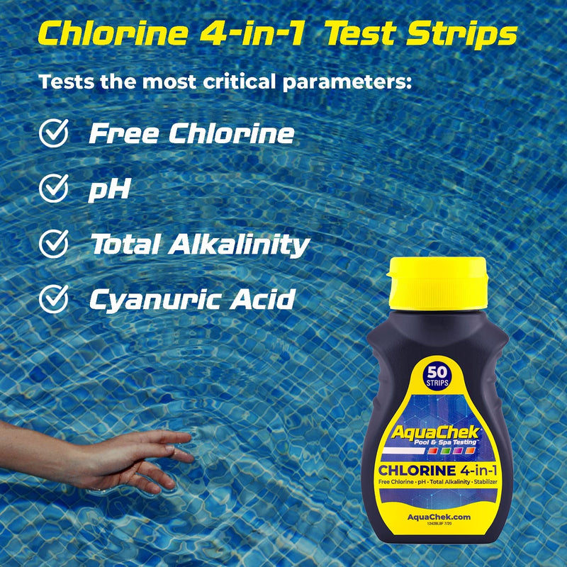 AquaChek Yellow 4-Way Pool and Spa Test Strips - 50 Yellow Test Strips - Swimming Pool Test Strips For pH, Free Chlorine, Total Alkalinity, and Cyanuric Acid - Quick and Accurate Results - Testing Kit 1-Pack