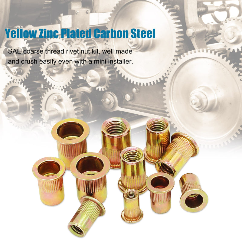 [Australia - AusPower] - 160Pcs Rivnuts Nutserts Kit, SAE Rivet Nuts Assortment UNC Threaded Riv Nut Sert, 1/4-20, 3/8-16, 5/16-18, 10-24, 8-32, 6-32 Carbon Steel SAE 
