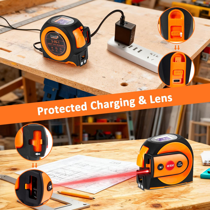 3-in-1 Laser Tape Measure, 197ft Laser Distance Meter, 16ft Digital Tape Measure, Digital Level, Pythagorean/Area/Volume, Rechargeable, Ft/Ft+in/in/M Units, 40 Data Sets