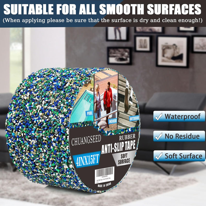 CHUANGSEED Blue Rubber Anti-Slip Tape 4" x 15ft Multi-Purpose Heavy Duty, Outdoor/Indoor Waterproof, Safety Anti-Slip Tape for Stair Tread Traction, Pool,Trail, Bathroom, Wooden Stair 4''X15FT