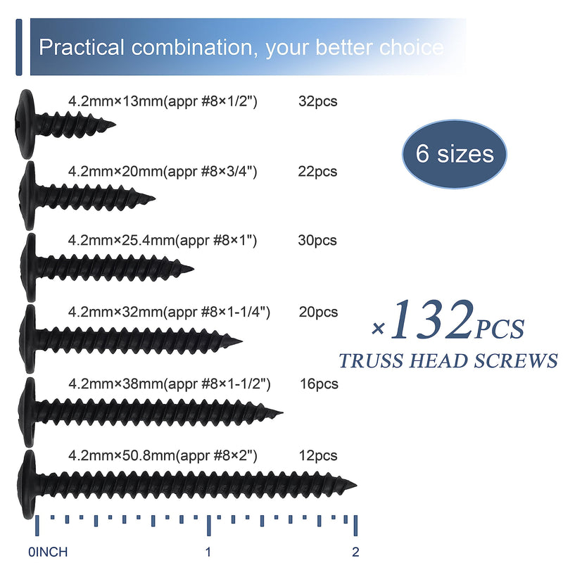 [Australia - AusPower] - #8 Modified Truss Head Black Wood Screws Assortment Kit, 132 pcs, Phillips Drive, Wood Screws, Screws, Screws Assortment, Screws Set, 6 Sizes (1/2”, 3/4”, 1”, 1-1/4”, 1-1/2”, 2”) (Black) Black Screw Kit 