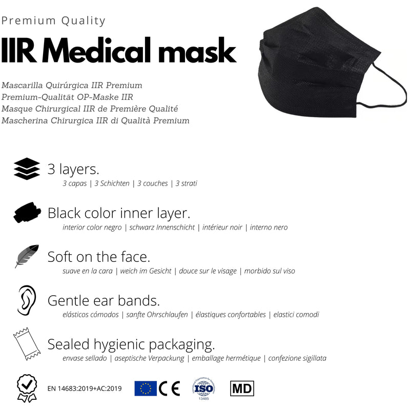 102 st. Medizinische Maske typ IIR CE Zertifiziert | 3-Lagig (BFE>99%), Geprüfter Schutz EN14683 | OP Mundschutz Gesichtsmaske, Einwegmasken - nicht Wiederverwendbar, für Erwachsene, Schwarze Farbe