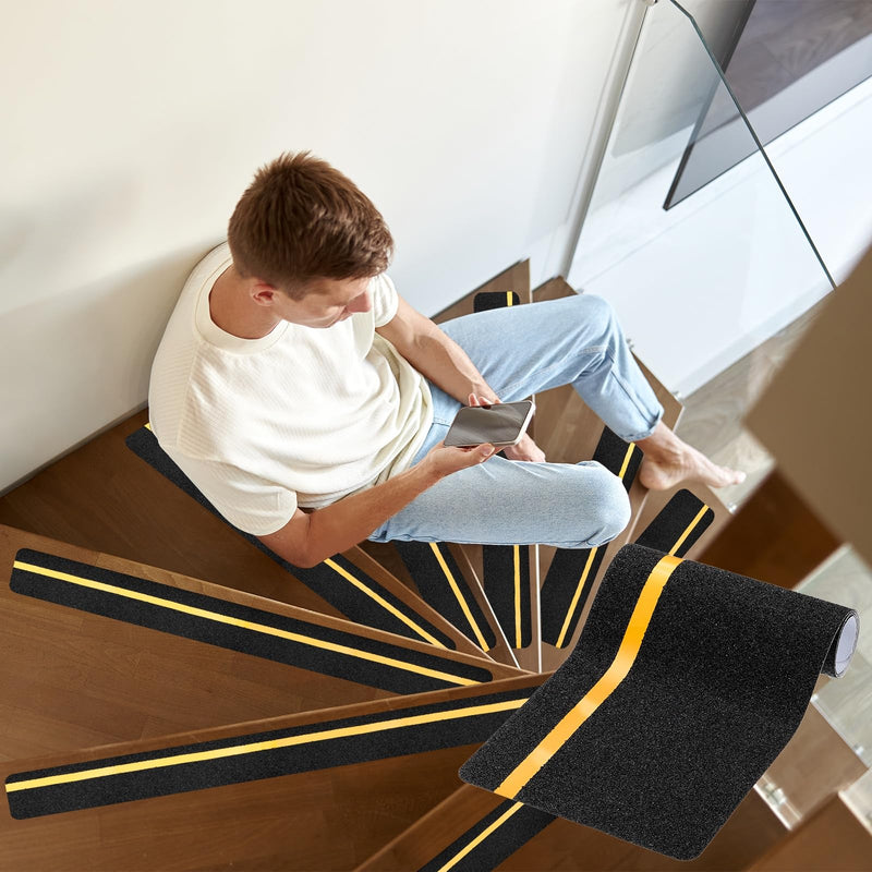 PATIKIL 24x6 Inch Black Non-Slip Stair Treads Tape, 5 Pack Self Adhesive Anti-Slip Stair Strips with 12mm Glow-in-The-Dark Strip for Wooden Steps