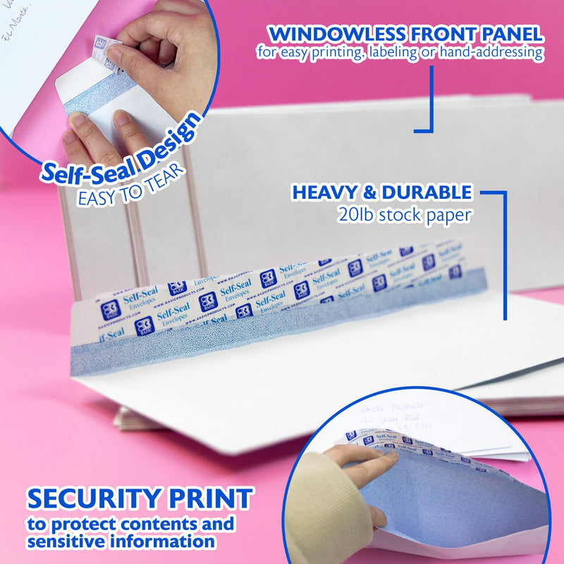 BAZIC Products #10 Security White Envelopes, Self-Seal Closure, 30 Count, for Mailing Office, Security Tinted