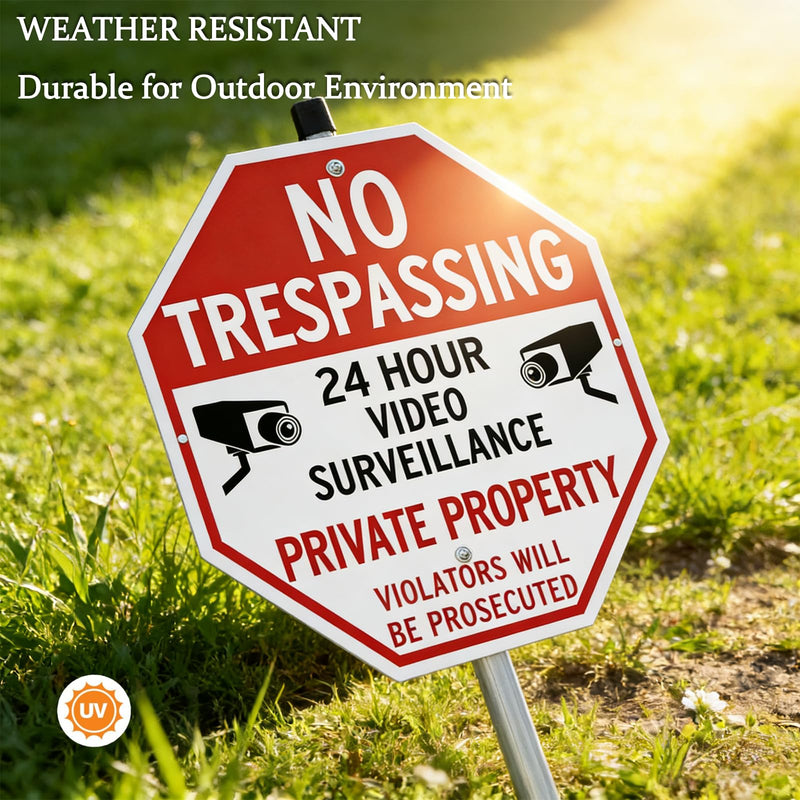 Large No Trespassing Signs Private Property Video Surveillance Sign with 42" Stake for Outside - 3 Pack - 12"x12" Engineering Grade Reflective Film, 050 Rust Free Aluminum, Reflective, Waterproof, Fade
