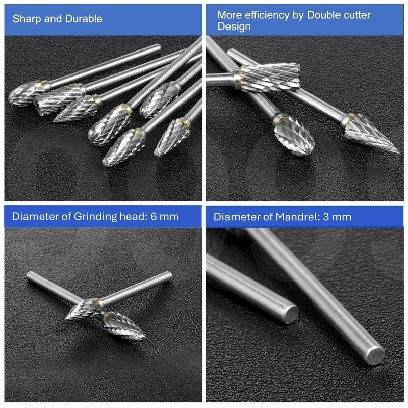 EASERIA Carbide Burr Set, Tungsten Carbide Rotary Cutter, Shaft Diameter 3 mm, for Wood Cutting, Drilling, Metal Polishing (Pack of 10) Small