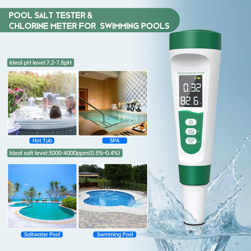 [Australia - AusPower] - Salt Tester for Saltwater Pool & pH Meter,5 in 1 Digital Water Tester for Salinity,Temp,EC,TDS Meter for Pool Salt Tester,Hot Tubs & Spas,Hydroponics,Aquarium,Accurate & Reliable,Green 5 in 1 Tester Green 