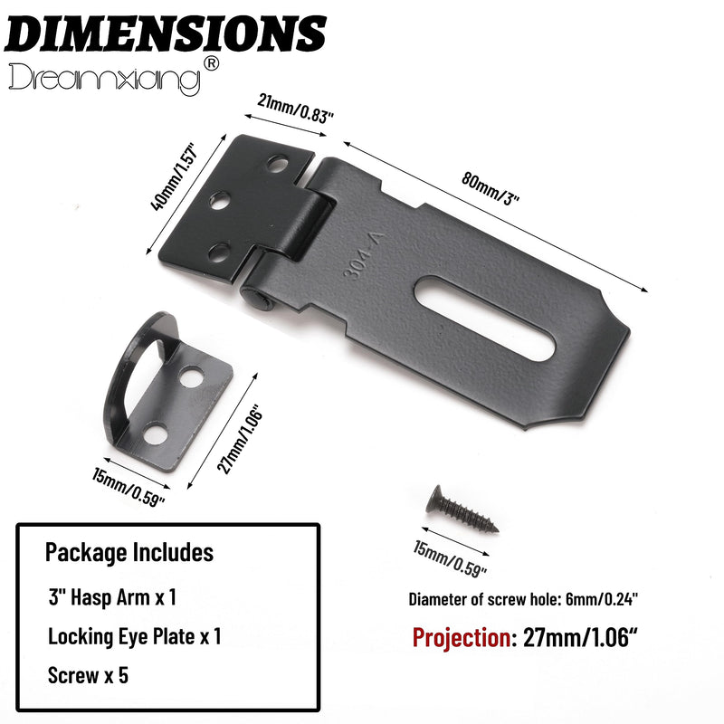 [Australia - AusPower] - Door Locks Hasp Latch, Stainless Steel Padlock Safety Packlock Clasp Hasp Lock Latch for External Doors Window Shed Closet Cabinet Pet Cage, 3 Inch, Black Finish, 1 Pack 