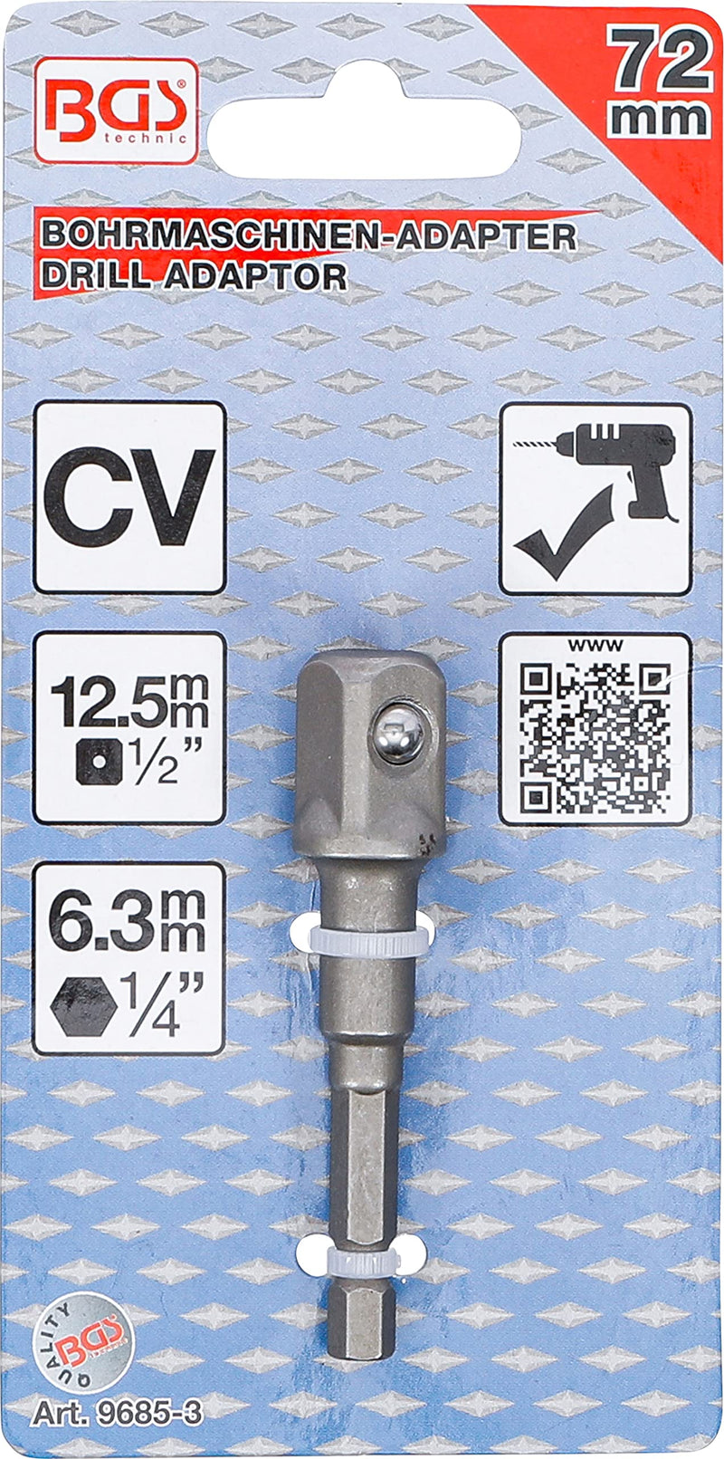 BGS 9685-3 | Adapter for Drills | Hexagon Socket 6.3 mm (1/4 Inch) | Drive external hexagon 6.3 mm (1/4 inch) / output external square 12.5 mm (1/2 inch), length 72 mm, chrome vanadium steel 1 piece. Output: external square 12.5 mm (1/2 inch)