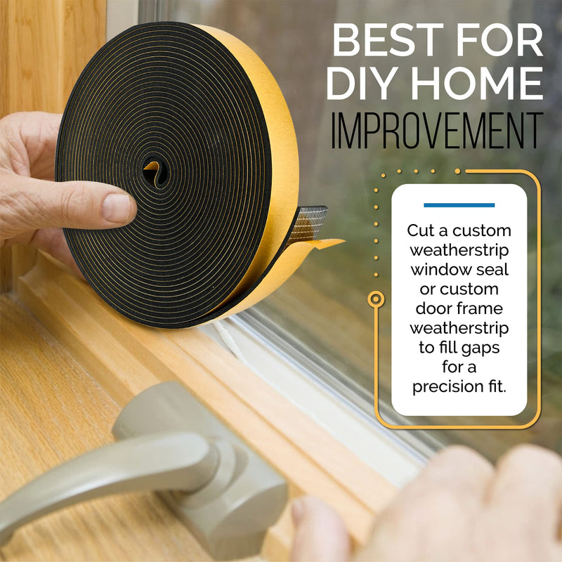 High Density Foam Weather Stripping Door Seal Strip Insulation Tape Roll for Insulating Door Frame, Window, Air Conditioner | Self Adhesive Sealing Weatherstrip (Black, 1 in x 1/4 in x 30 Ft) Black