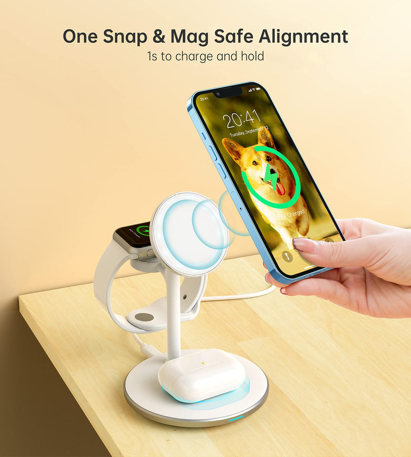 [Australia - AusPower] - 3 in 1 Wireless Charging Station for Multiple Devices, 15W Fast Wireless Mag-Safe Charger Stand for iPhone 14 13 12 Pro Max/Plus/Pro/Mini, Mag Charger for iWatch Ultra/8/7/SE/6/5/4/3/2, AirPods White 
