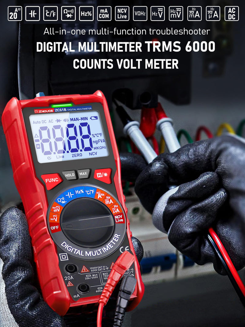 [Australia - AusPower] - Digital Multimeter TRMS 6000 Counting,with DC AC Voltmeter Ohm Volt Amp Meter Temperature Frequency NCV Measures Voltage Current Resistance Diode Continuity Capacitance, Home, Automotive Battery Test 