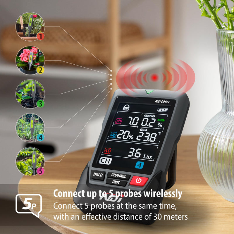 [Australia - AusPower] - NDI Multifunctional Soil Meter,up to 5 Probe with Wireless Transmission,pH, Salinity, Temperature,Light Intensity with Acoustic Wave Growth Assistance, for Gardening, Landscaping, and Soil Testing 